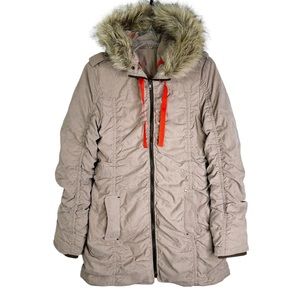 Faux Fux Trim Hooded Ruched Parka Coat in Tan Women’s Sz S/M *Measured